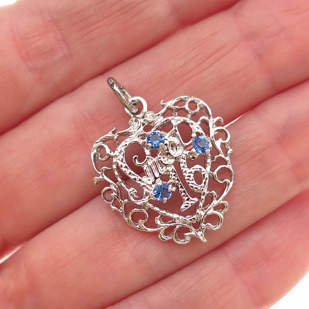 Spencer 925 Sterling Silver Vintage Rhinestone Sweet 16 Heart Charm Pendant